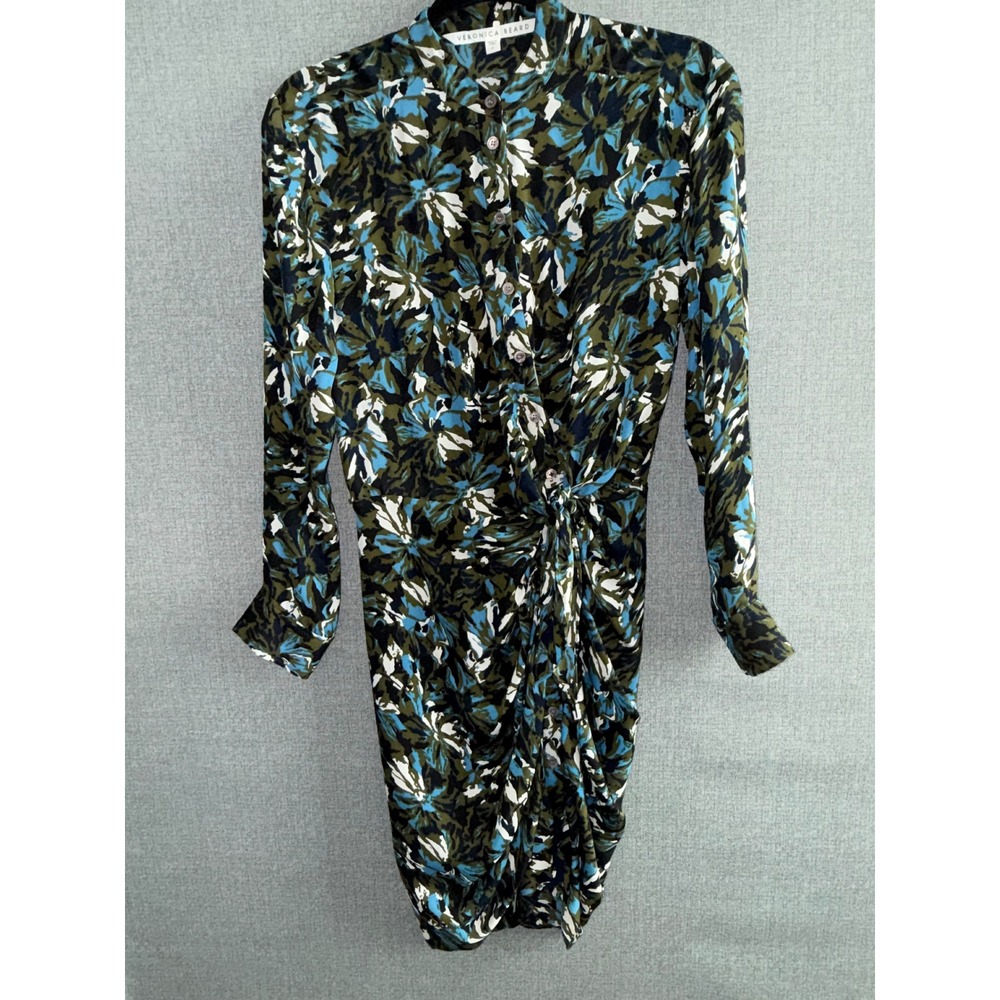 100% Sill Veronica Beard Size 0 Shirt Dress Blue Green Floral Twist Ruched